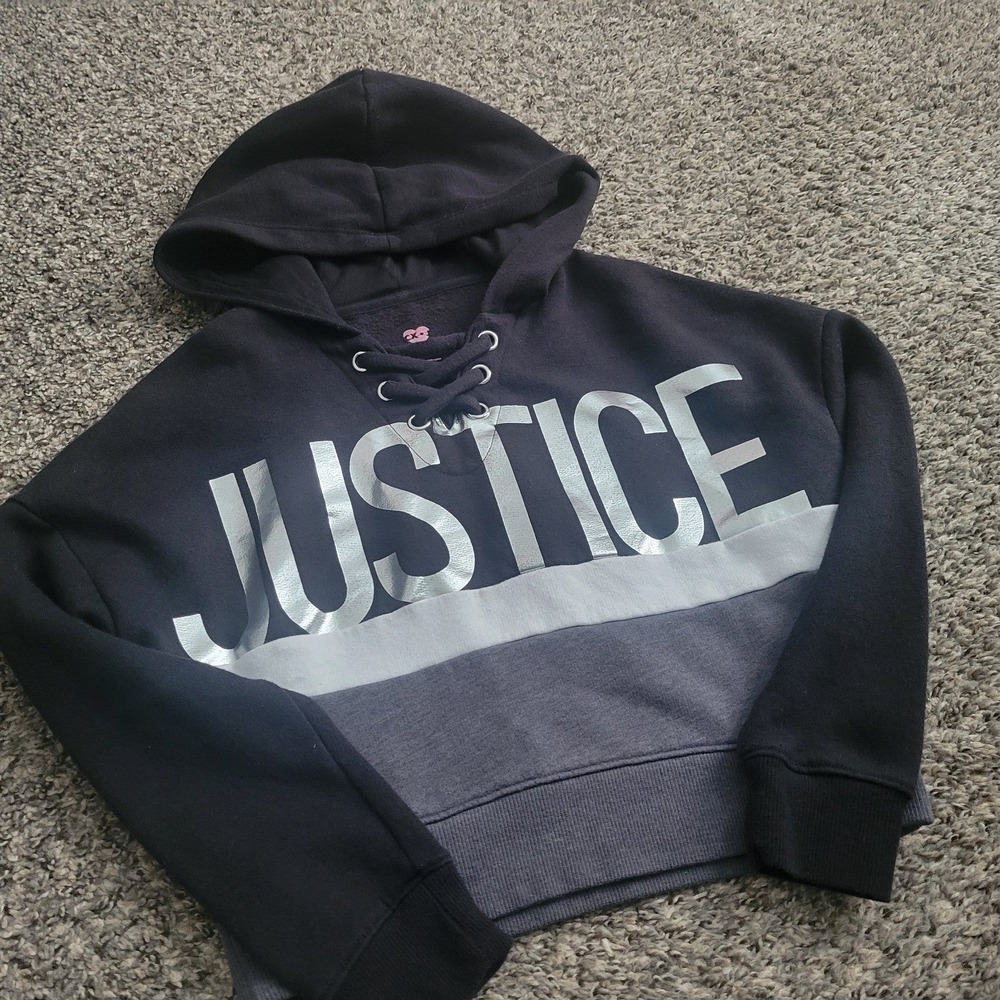 Justice Girls Size 7 Cropped Lace-Up Hoodie Black & Grey Metallic Logo
